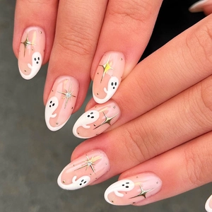 Unghie Finte Halloween Fantasma Stella Rosa Ovali Con Colla E Lima Manicure Fai Da Te Per Donne