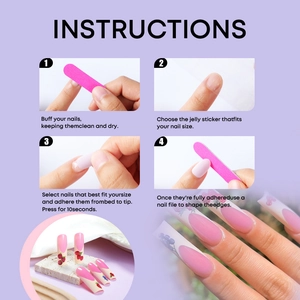 Step-by-step tutorial for applying long french fruit pattern press-on nails with tools