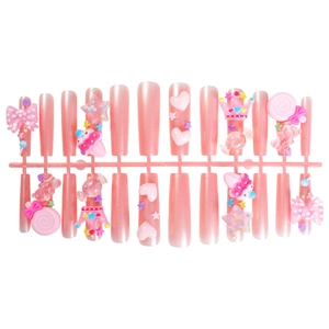 Pink metallic long coffin press-on nails with 3D resin bows stars and bears