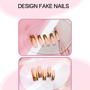 French style long square fake nails featuring orange and black leopard print patterns