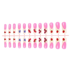 Long French press-on nails set with fruit prints including strawberry and cherry patterns