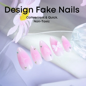 Almond-shaped pink gradient press-on nails with 3D bows, hearts, and rhinestones