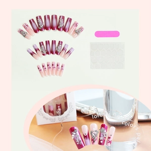 Pink to purple gradient press on nails with silver stars and pearl rhinestone accents