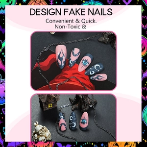 Halloween black French flame press-on nails with mystical evil eye and star designs