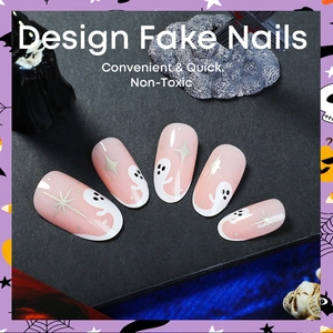 Unghie finte Halloween con fantasmi e stelle in rosa carne dal finish lucido