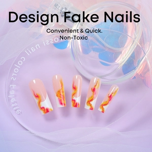 Long coffin fake nails with red flame patterns on light purple background set