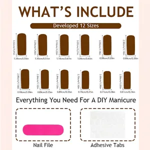 Press-on nail set size chart featuring 12 nude sizes with tool kit and adhesive tabs