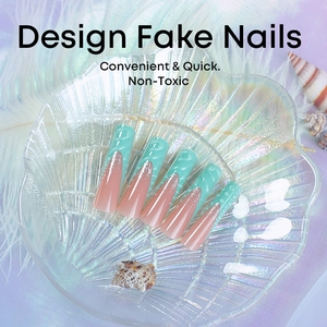 Extra-long green French press-on nails with 3D embossed P pattern and silver glitter