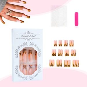 Long french fake nails with black leopard lines and accessory kit in pink gift box