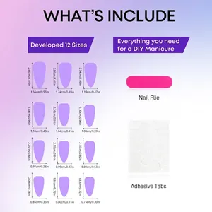 Size chart for almond-shaped press-on nails with 12 sizes and application tool kit