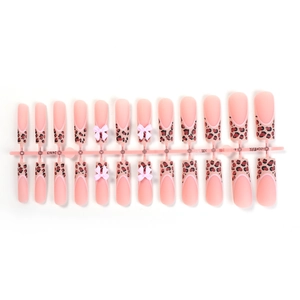Long trapezoid French press-on nails with leopard print and pink 3D bow accessories