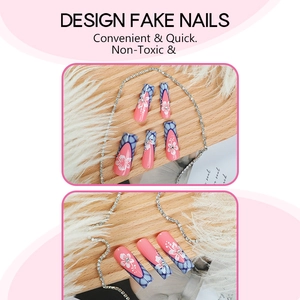 Long coffin fake nails featuring pink and blue plaid with white flower and rhinestone accents