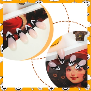 Faux ongles stiletto Halloween avec silhouettes de chauve-souris noires et gouttes de sang