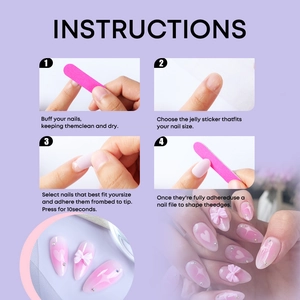 Instructions for applying almond-shaped pink blush press-on nails with bow designs