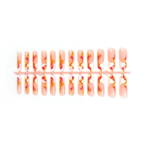 Long coffin fake nails with nude gradient, white French tips and flame art design