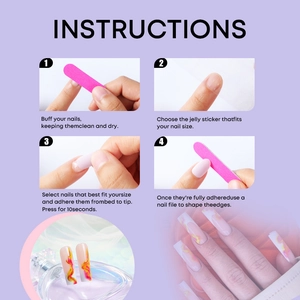Step-by-step tutorial for applying long marble flame press-on nails with step descriptions