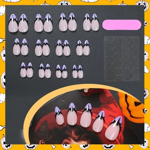 Halloween almond fake nails set with lavender base and black gothic bat wing designs