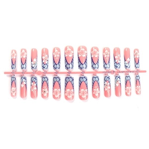 French style floral press-on nails with blue grid patterns and sparkling rhinestones