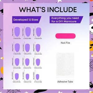 Halloween purple press-on nail kit size chart including 12 sizes with nail file and glue