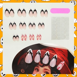 Kit de faux ongles stiletto Halloween avec motifs ailes de chauve-souris et gouttes de sang