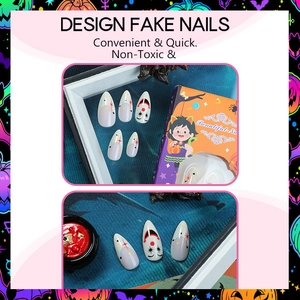 Halloween almond press-on nails with cute clown and ghost patterns in themed packaging