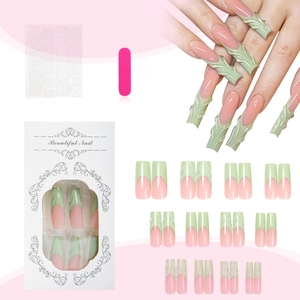 Détails macro d'ongles 3D texturés rose et vert avec kit d'emballage complet inclus