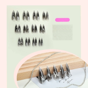 Unghie finte stiletto lunghe sfumate nero e argento con decorazioni a farfalla