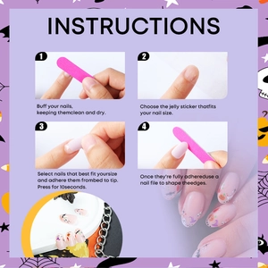 Step-by-step tutorial for applying Halloween pumpkin and ghost press-on nails with adhesive