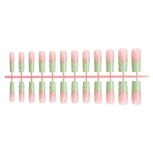 24 faux ongles longs carrés French avec lignes 3D vertes et design dégradé rose