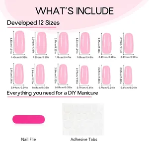 Size chart for pink press-on nails with 12 dimensions including file and glue instructions