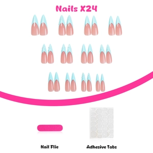 Detail view of 24pcs long coffin press-on nails with blue French tips and 3D wave patterns