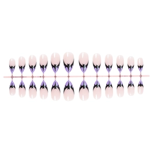 Halloween nude press-on nails featuring purple and black bat wing tips on a pink rack