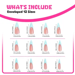 Size chart showing 12 different dimensions for long French stiletto press-on nails