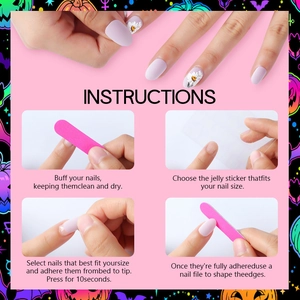 Detailed step-by-step guide for applying lavender matte press-on nails with daisy patterns