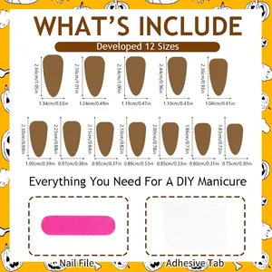 Halloween French almond press-on nail kit with size chart, nail file and adhesive tabs