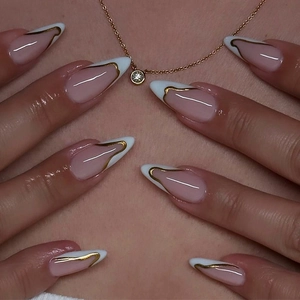 Press On Nails French White Tip Gold Metallic Wavy Line Almond Shape Plastic False Nails For Women Glossy DIY Manicure