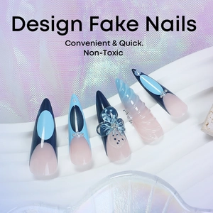 Handmade almond press-on nails with blue gradient, 3D floral accents, and pearl details