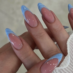 Faux Ongles Press On French Tip Bleu Effet 3D Ondulation De L'eau Marbre Forme Amande Longue Plastique Brillant
