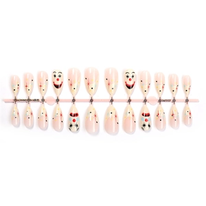Clown face pattern almond press-on nails with vintage circus star prints on pink base
