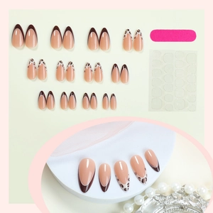 Almond press-on nails set with leopard print and French brown tips with tools