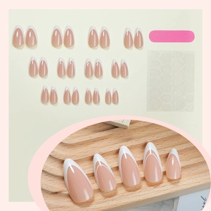 French tip stiletto press-on nail set with 24 pieces in pink and white almond style