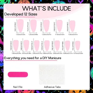 Size guide for clown theme almond press-on nails including dimensions and application kit
