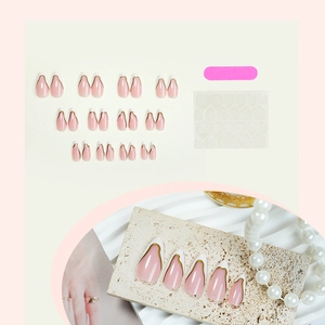 French tip almond press-on nails with blue waves and gold edges including DIY tool kit