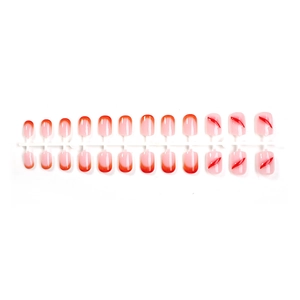 Detail van 24 stuks Halloween gradiënt rood en roze stiletto plaknagels op wit rekje