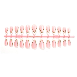 French almond press-on nails set with pink, white colors and golden wavy lines