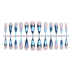 Almond shaped press-on nails set with blue and pink gradient, 3D floral and pearl design