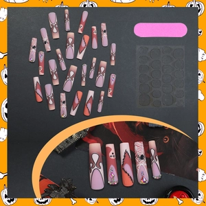 Extra long Halloween press-on nails featuring spider and ghost designs with rhinestones