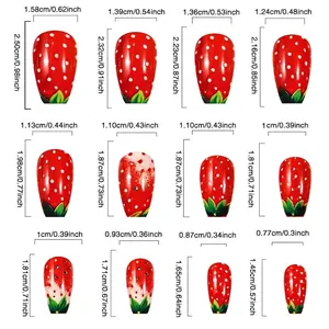 Size chart for 12 strawberry themed press-on nails with width and length in cm and inches