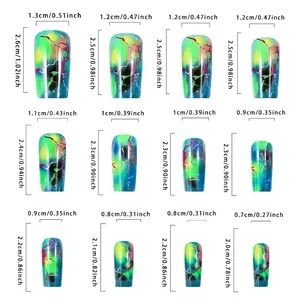 Size chart showing 12 sizes of long coffin green marble press-on nails with measurements