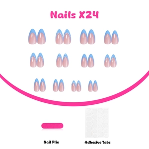 Faux ongles amande bleus 3D style français avec motifs de flammes et 24 pièces incluses